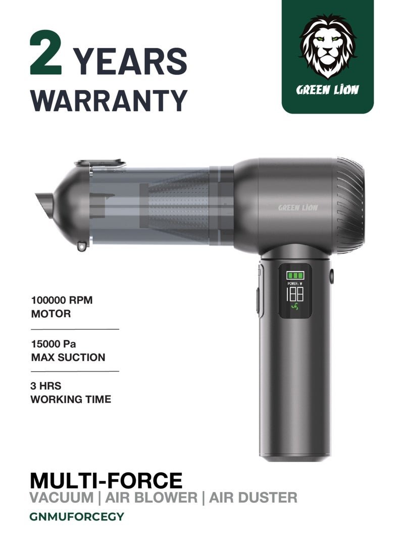 GREEN LION Multi-Force Vacuum, Air Blower, Air Duster Power 100W / 15000Pa Suction / 6000mAh Battery / Air Duster Rechargeable Handheld Vacuum Cordless / 3 Levels Speed / LED Flash Light / RPM 100000 / Vacuum Cleaner for Compute/Car/House - Gray