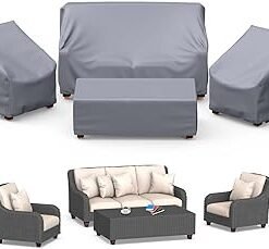 Patio Furniture Cover, Outdoor Furniture Cover Waterproof 4-Piece, Chair & Coffee Table Covers, Windproof Buckle Straps And Adjustable Drawstring for Garden, Deck, Poolside (Grey)