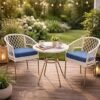 Outdoor Rattan Bistro Set 3-Piece | White Patio Chairs and Round Table with Lake Blue Cushions | Compact Balcony, Garden, Terrace & Café Furniture Set