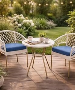 3-Piece Outdoor Rattan Bistro Set | White Patio Table and 2 Chairs with Lake Blue Cushions | Modern Balcony, Garden, Terrace & Café Furniture Set