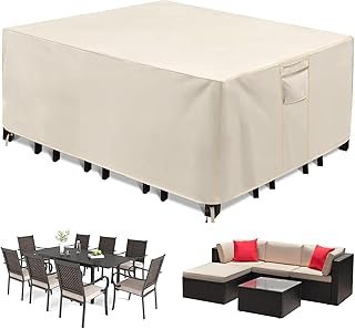 600D Patio Furniture Covers, 100% Waterproof Patio Table Cover, Heavy Duty Oxford Cloth Outdoor Table Cover, with Handles, Vents and Buckles, UV-Resistant (Beige, 242×162×100cm)