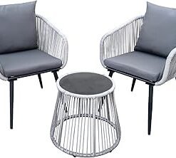 3 Piece Patio Bistro Set, Wicker Outdoor Patio Set with Enhanced Comfort Seating, Round Glass Top Coffee Side Table, Patio Rattan Conversation Set for Balcony, Lawn, Garden, Backyard,Gray
