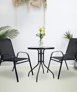 Deep Sleep Outdoor Patio Bistro Set – Black Wicker Chairs & Round Table for Elegant and Comfortable Small Space Dining, Relaxation, and Outdoor Enjoyment (VI-DNS-13)