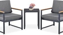 3 Pieces Aluminum Conversation Sets, Outdoor Furniture Set, Bistro Sets with Coffee Table for Garden,Gray Frame with Gray Cushions