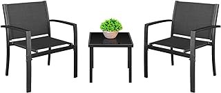 3 Pieces Patio Furniture Set Outdoor Patio Conversation Textilene Bistro Set Modern Porch Lawn Chairs with Coffee Table for Home and Balcony (Black)