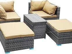 Grey PE Rattan 5-Piece Outdoor Sofa Set with Golden Cushions – Outdoor Furniture with 2 Sofa Chairs, 2 Ottomans & 1 Coffee Table, Suitable for Balcony Furniture & Garden Furniture