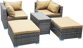Grey PE Rattan 5-Piece Outdoor Sofa Set with Golden Cushions – Outdoor Furniture with 2 Sofa Chairs, 2 Ottomans & 1 Coffee Table, Suitable for Balcony Furniture & Garden Furniture