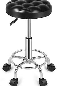 SKY-TOUCH Round Rolling Stool: Vanity Chair with PU Leather Height Adjustable 360° Swivel Stool with Wheels for Office Home Drafting Work Studio Shop SPA Salon