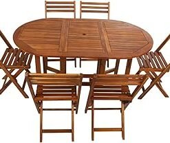 YAHOME 7 Pcs Foldable Acacia Wood With Movable Tyres Patio Bistro Set - Outdoor Wood Chair And Table Set Dining Table Set For Garden Furniture Balcony Pool Side and Outdoor Area use