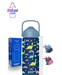Lullaby Land 550ml Stainless Steel Water Bottle for Kids, Stay Hydrated with Kids Water Bottle for School, No Leak Bpa Free Dinosaur Blue Water Bottle for Boys, Insulated Water Bottle Kids with Straw