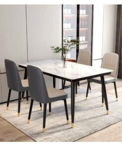 fashionhome Modern Multipurpose Industrial Standard Rectangle Sintered Artificial Stone Rock Plate Tabletop Dining Table and 4 Concave Curve Chair Set for Kitchen Restroom 120 x 60 x 75 and 40 x 42 x 86 Centimeter - Image 4