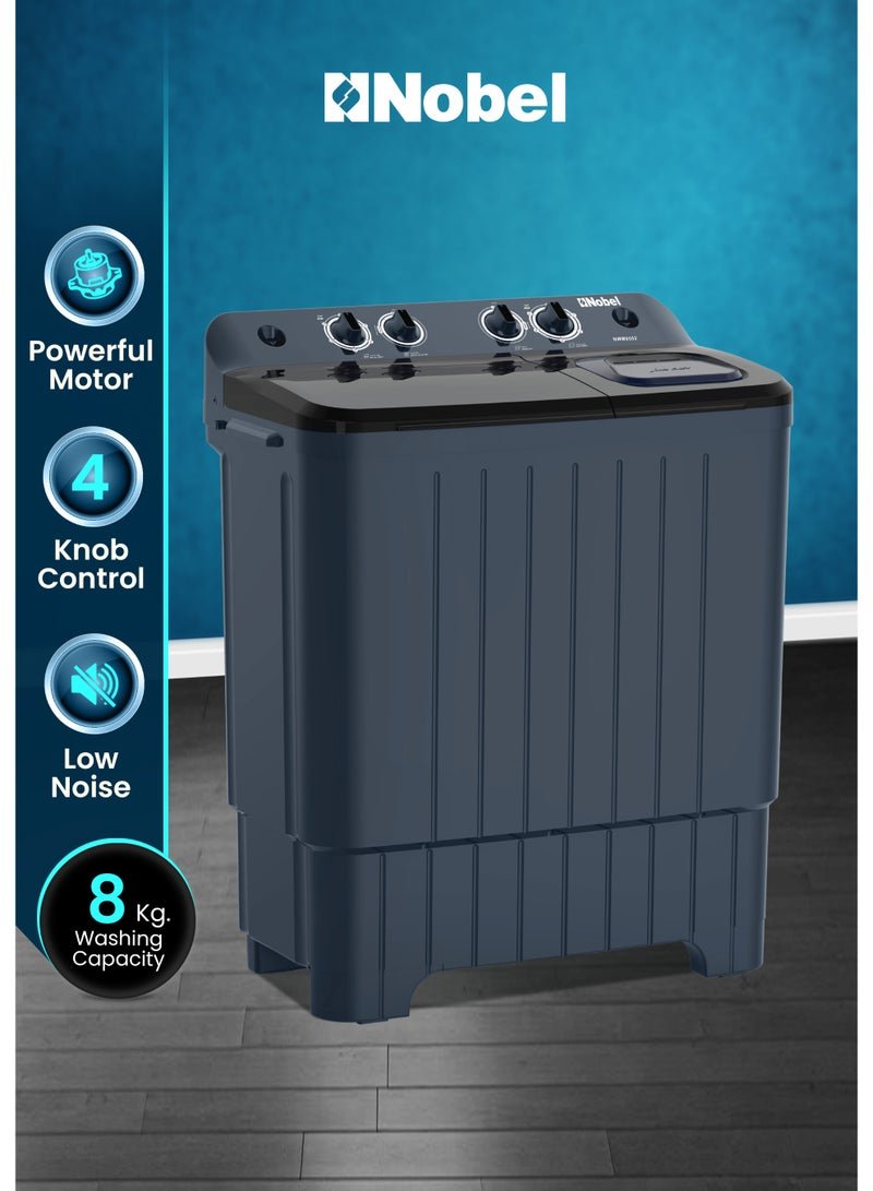 Nobel Semi Automatic Washing Machine, Twin Tub, 8 Kg Wash Capacity & 5.5 Kg Spin Capacity, 4 Control Knobs, 15 Min Wash Timer, IPX4 Waterproof Rating, Smart Filter, Rat Guard Base (1 Year Warranty) 13.5 kg 380 W NWM8502 Grey