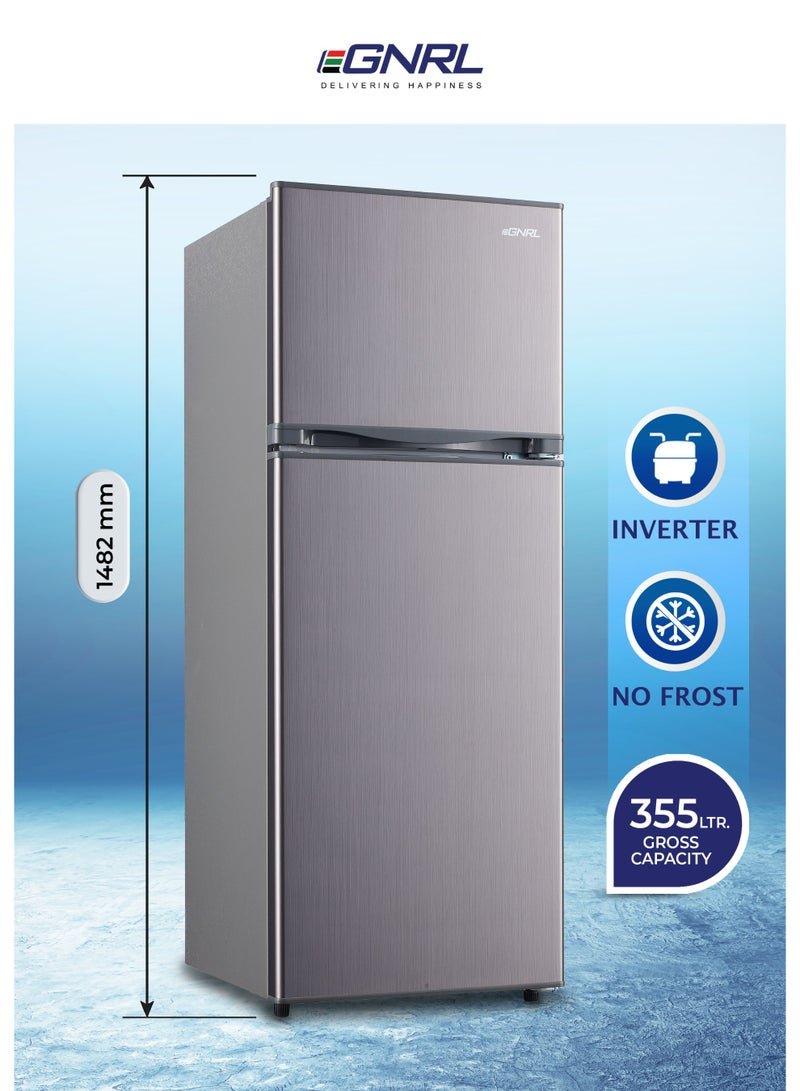 EGNRL 355L Gross/186L Net Capacity, No Frost Double Door Refrigerator, EGR355S| Multi Air Flow, Energy Saving & Low Noise |Recessed Handle, R600A, Inside Condenser, Inox Dark Color, One Year Warranty 220 W EGR355S Inox Dark