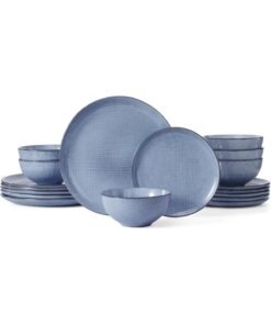 Famiware Moonlight 18 Piece Stoneware Dinnerware Set with Linen Finish, Set for 6, Scratch Resistant, Microwave & Dishwasher Safe, Blue