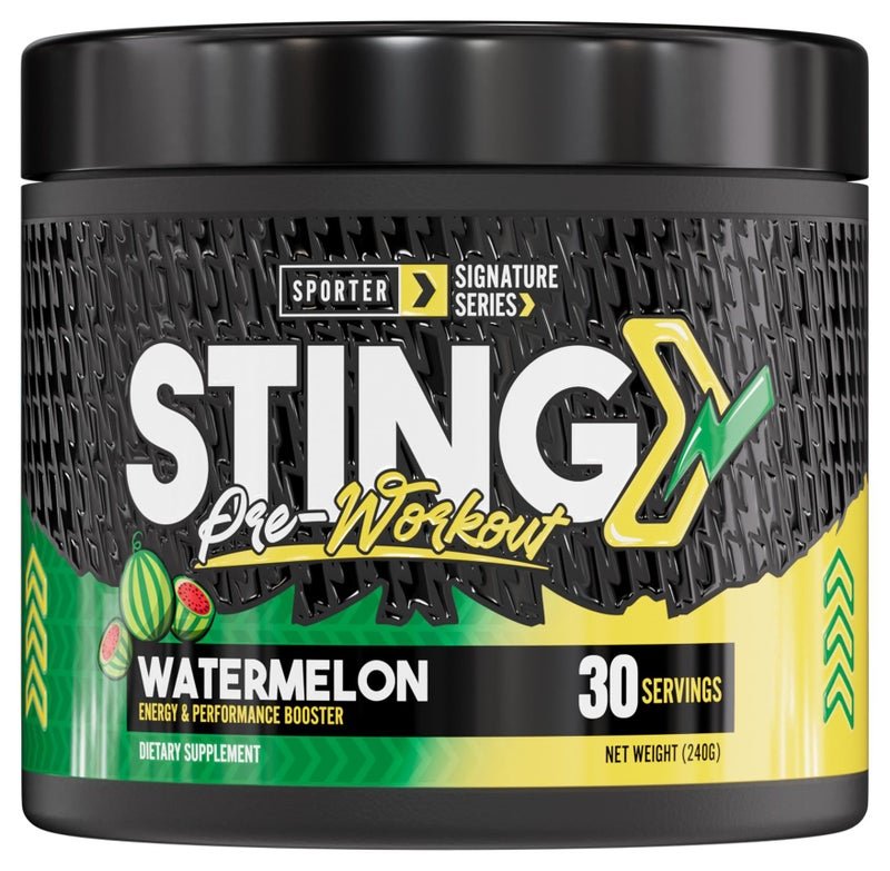 Sporter Sting Pre-Workout – Watermelon | 30 Servings | Energy, Strength & Focus Booster | 180mg Caffeine | L-Citrulline, Beta-Alanine & B-Vitamins | Sugar-Free | Dietary Supplement – 240g