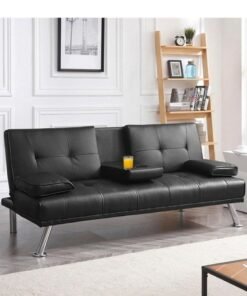 ALWASIT HOME Futon Sofa Bed, Faux Leather Lounge Couch for Living Room, Convertible Upholstered Loveseat Sleeper, Small Futon Couch for Small Space w/Cup Holders and Armrest, 3 Adjustable Positions (black)