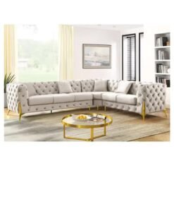 Maharat Al Bahar Luxury L-Shaped Cream Velvet Chesterfield Sofa – 6-Seater with Golden Legs – Timeless Elegance for Refined Living Spaces