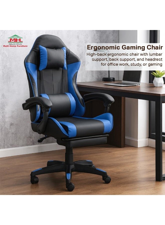 Multi Home Furniture Black & Blue Gaming Chair | Ergonomic Chair High-Back Recliner Chair with Adjustable Footrest & Armrest | Racing-Style Office Chair with Lumbar & Headrest Support for Gaming Setup