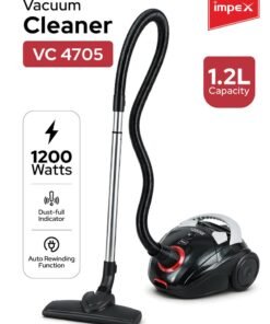 Impex Vacuum Cleaner | High-Power Suction | Washable Cloth Bag | Flexible Hose with Air Flow Adjustment | Pedal Switch & Auto-Rewinding Wire | Easy Movement with Wheels 1.2 L 1200 W VC 4705 Black