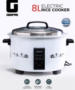 GEEPAS 8 L Commercial Rice Cooker, Durable Construction, Removable Non-Stick Aluminum Pot, Cool Touch Handle, Includes Cook, Keep Warm Functions, With Stainless Steel Lid, Aluminum Inner Steamer, Perfect For Quinoa, Risotto, Vegetables, Soups, Sauces, Eggs, Etc. 2 Years Warranty Grc4322H 8 L 2500 W GRC4322H White