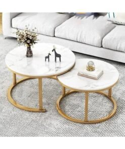 Modern Round Coffee Table Set – Wooden Top with Gold Metal Frame (2 Piece set)