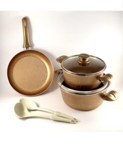 Homemaker 7-Piece Granite Eva Non-Stick Cookware Set – Brown | 2 Deep Pots, Frypan, Spoon & Scoop – PFOA-Free with Glass Lids