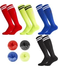 FAYET 4 Pairs Kids Soccer Socks Set, 4 Colors Breathable Knee High Football Socks for Boys Girls Ages 5-12, Striped Sports Tube Socks for Training, Running, Daily Wear (Style 2)