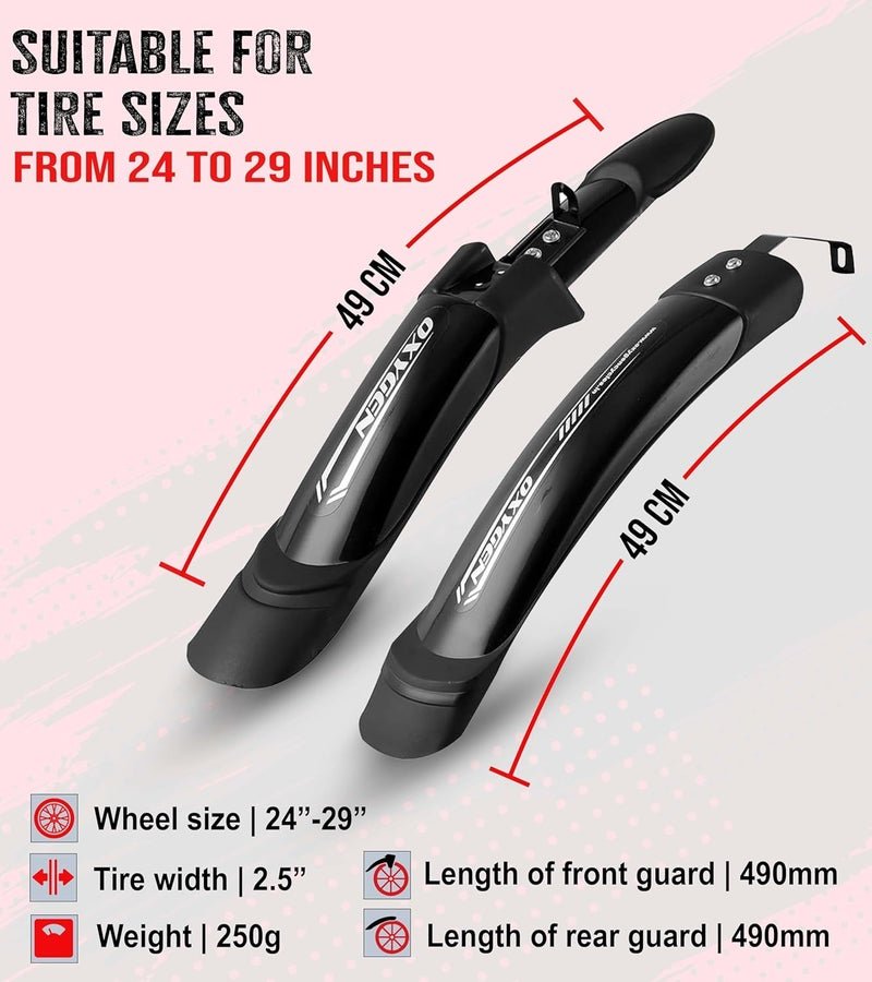 OXYGEN Cycle Mudguard Set for MTB Bicycle | Front & Rear Splash Guards for 24–29 Inch Wheels | Lightweight, Flexible Plastic Mudguards for Road, Mountain, Hybrid Bikes with 2.5 Inch Tire Compatibility - Image 2