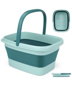 MileMelo Collapsible Foot Bath – Advanced Foot Soaking Tub with Portable Design and Handle – Foldable Pedicure Foot Spa Bowl – Compact and Lightweight Foot Soak with Acupressure Points, Green and Blue