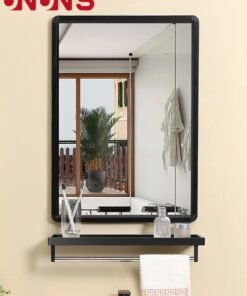UNUNS Bathroom Mirror With Shelf,Rectangle Metal Bathroom Vanity Mirror with Storage,Black Rounded Corner Wall Mounted Bathroom Mirrors for Over Sink Bedroom Entryway,Black