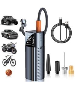 Tire Inflator Portable Air Compressor, 168PSI Cordless Air Pump for Car Tires with Tire Pressure Gauge, Smart Pump Tire Inflator with LED and LCD for Car, Motorcycle, Bicycle, Ball (Metallic Black)