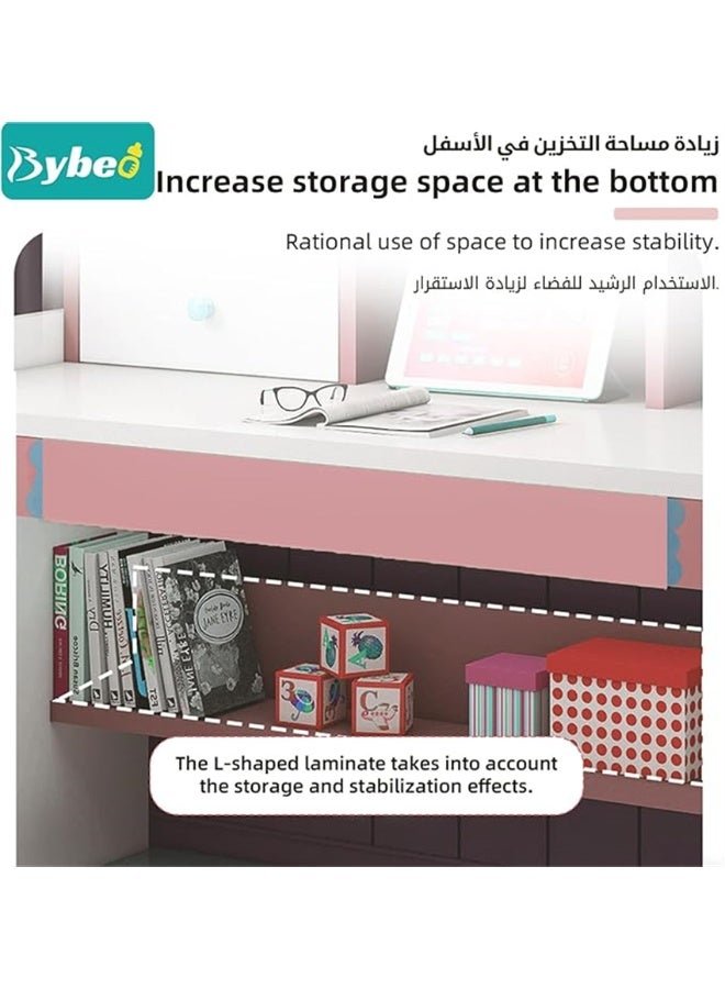 Kids Study Desk, Wooden Students Writting Table with Bookshelf and Storage Cabinet, Computer Table Office Desktop with Documents Storage Shelving Rack for Home Writting Reading and Office PC Notebook Working (Pink, YN118)