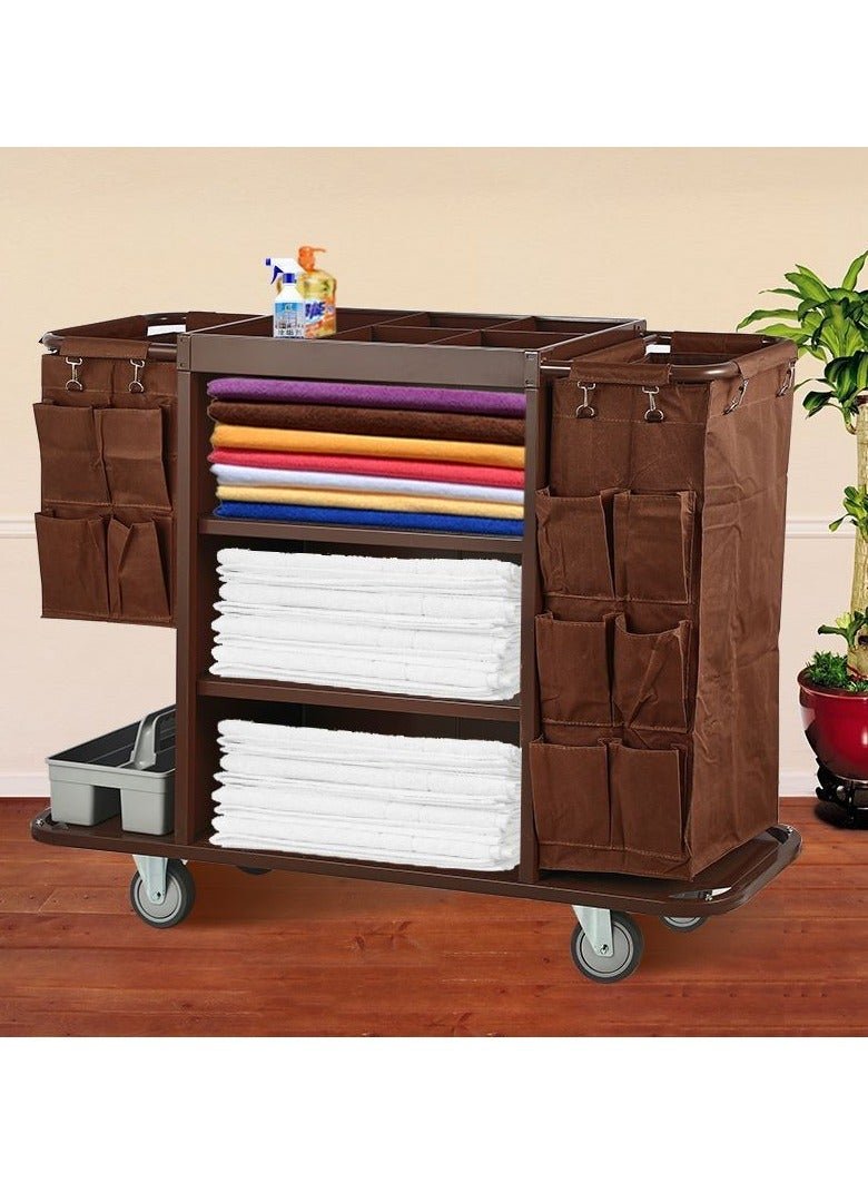 Stainless Steel Hotel Service Cart – Multi-functional Cleaning Trolley W ith 3 Shelves, 2 Bags & 1 Compartment Box for Hotels and Restaurants