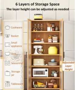 YY-Recheer 6 Layers Kitchen Cabinet Sideboard, Bamboo Bookshelf Display Storage Cabinet with Door, Cupboard Corner Cabinet for Living Room, Kitchen