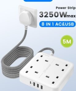 Lencent Extension Lead with USB C Port,4 Way Outlets Power Strip with 4 USB Ports,1Type C and 3USB A Ports,Multi Plug Charging Station with 5M Braided Extension cord for Home Office 3250