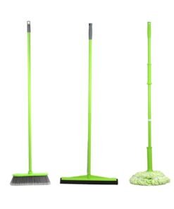 Clean and Care Cleaning Set Combo Indoor Broom Wiper Squeegee Spin Mop All with Iron Stick Long Handle for Home Kitchen Office Assorted color
