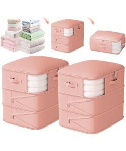 Bukela Self Compression Comforter Storage Bag, Ultra Space Saving 3-Layer Compression Large Capacity Storage Bags for Bedding, Duvet, Down Jacket (Pink, Large-21.3"x16.5" x23.6")