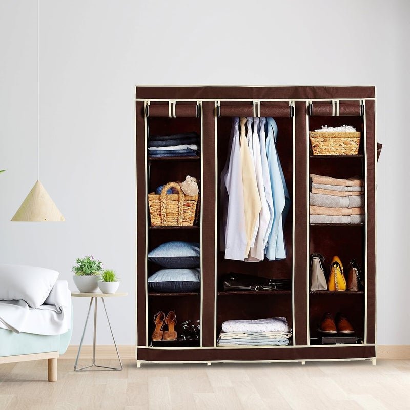 OBBO Plastic 3-Door Foldable Wardrobe 10 Rack Storage Cabinet for Clothes, Shoes & Accessories, Durable & Space-Saving Closet Organizer 162 cm x 44 cm x 138 cm-Brown