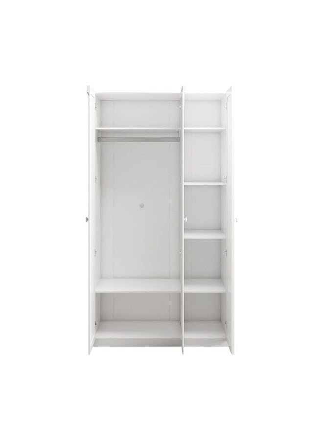 DANUBE HOME Calm 3 Door Wardrobe With Mirror Extra Sturdy Closet, Clothes Storage Cupboard Modern Design Space Saving Swing Door Cabinet For Bedroom L120xW59.6xH225cm - White