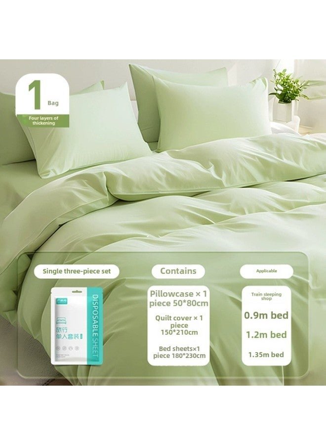 Disposable Bed Sheet Four-piece Hotel Supplies Travel Portable Double Cotton Disposable Bedding Pillowcase Quilt Cover-Color:Sterilized Green Three-piece Set-Specifications:Set/single Piece
