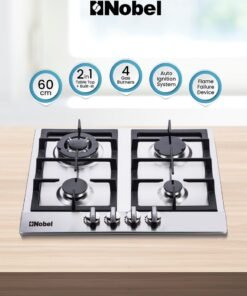Nobel Built-In Hobs, 4 Gas Burners with Flame Failure Device, Energy Saving Burner, Stainless Steel Panel, Cast Iron Pan Support, Elegant Knob, Auto Ignition NBH6401 Stainless Steel