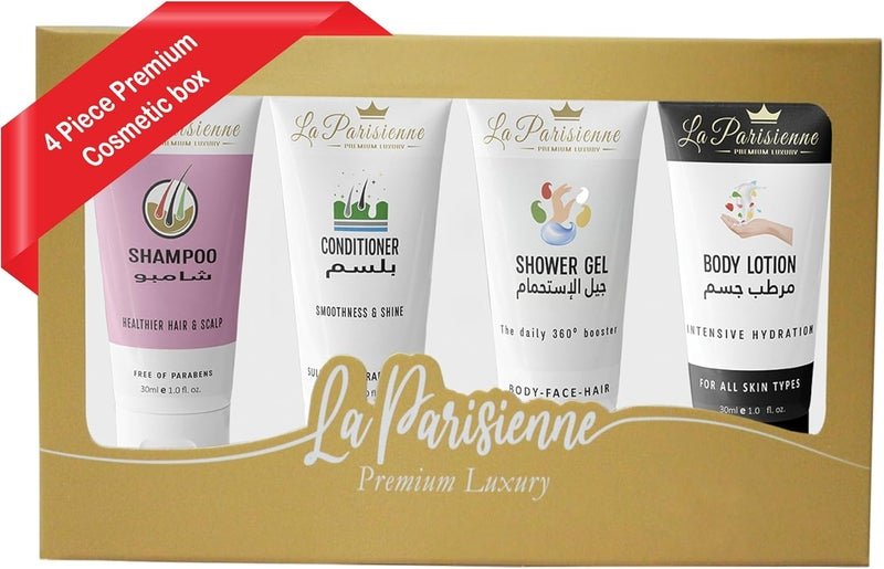 La Parisienne Premium Luxury Travel Box - 4 Piece Cosmetic Set (Shampoo, Conditioner, Shower Gel, Body Lotion) - 30ML Each