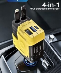 Yaqeen 4-in-1 Car charge with Dual Retractable Cable, Dual Port USB C PD Fast chaging Car Adapter Car Cigarette Lighter Adapter with Voltage Display, Car Charger Fast Compatible with iPhone 8-17, iPad, Samsung