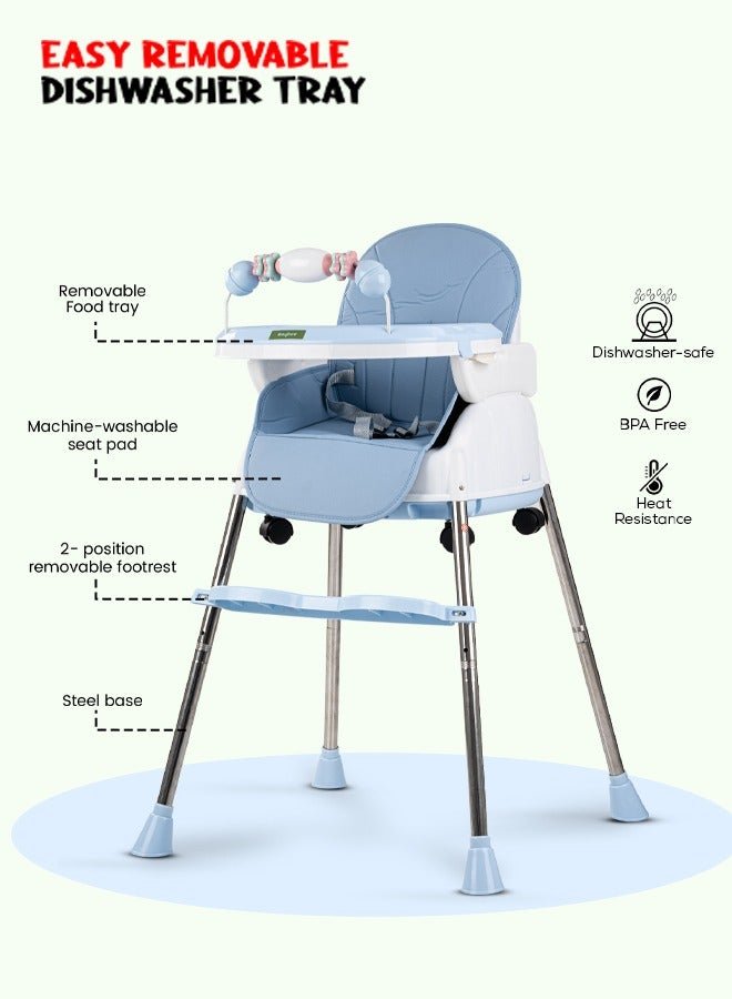 BAYBEE 4 In 1 Nora Convertible High Chair For Kids With Adjustable Height And Footrest Baby Toddler Feeding Booster Seat With Tray Safety Belt Kids High Chair For Baby 6 Months To 4 Years Blue - Image 3