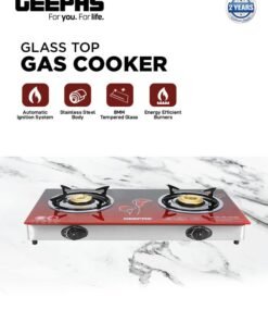 GEEPAS Double Burner Glass Top Gas Stove Stainless Steel Frame and Tray  Auto Piezo Ignition GK5602 Red