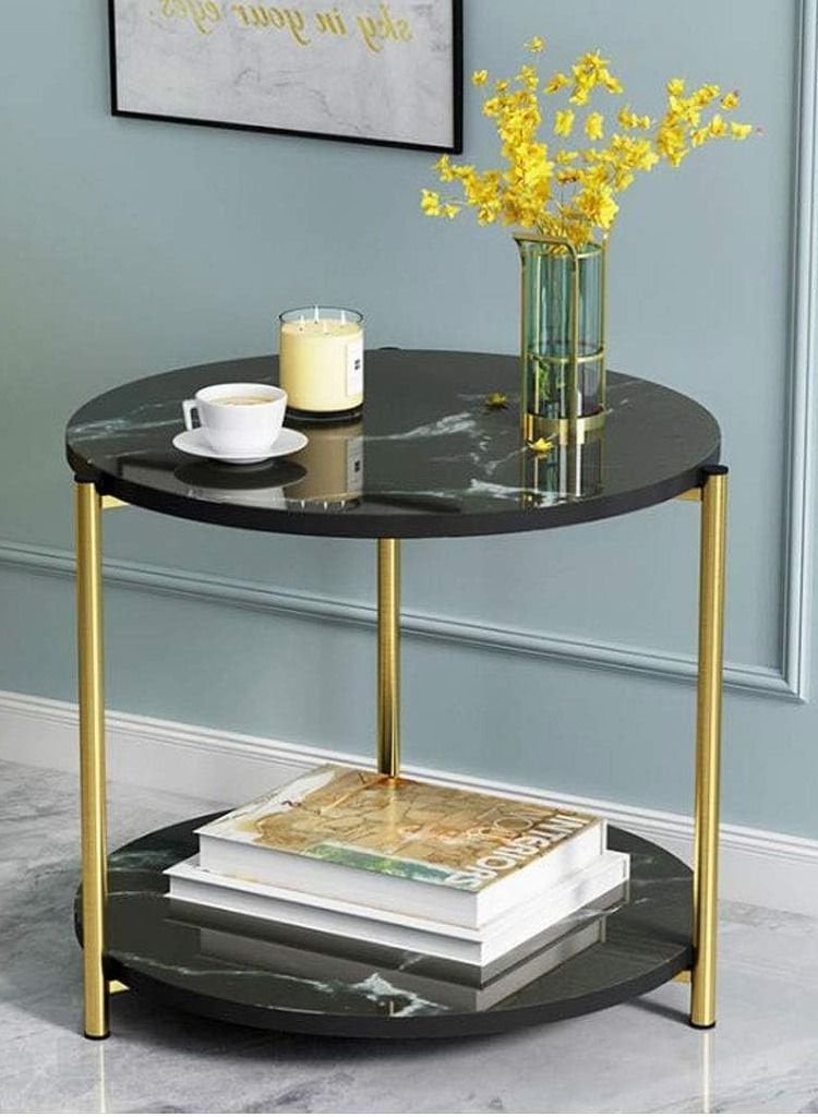 DubaiGallery Round Tea Table Living Room Coffee Tables Marble Texture Wooden Combination Furniture Durable Table