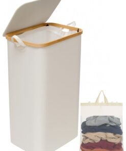 Sortify 100L Foldable Laundry Basket with Cover and Removable Inner Mesh Bag, Large Stylish Collapsible Laundry Bag Basket for Home, Sturdy Cotton & Bamboo Laundry Hamper Dirty Clothes Basket 75x42x32cm White