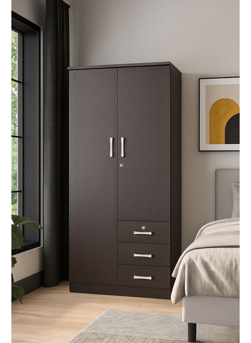 AFT Elegant dark brown 2 Door Wardrobe with Full-Length Metal Hanging Rod, 3 Spacious Drawers with Metal Runners, MDF Board Construction, Ergonomic Metal Handles, and Durable Hinges – Ideal for Modern Storage Solutions. Dark Brown (Arfan)
