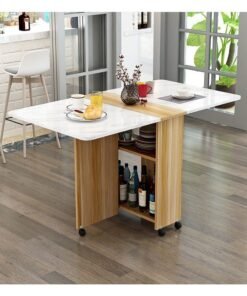 Folding Dining Table Drop Leaf Table with 6 Wheels, Kitchen Table with 2-Layer Storage Shelves, Multifunctional Extension Space Saving Dinner Table for Bedroom Dining Room Home