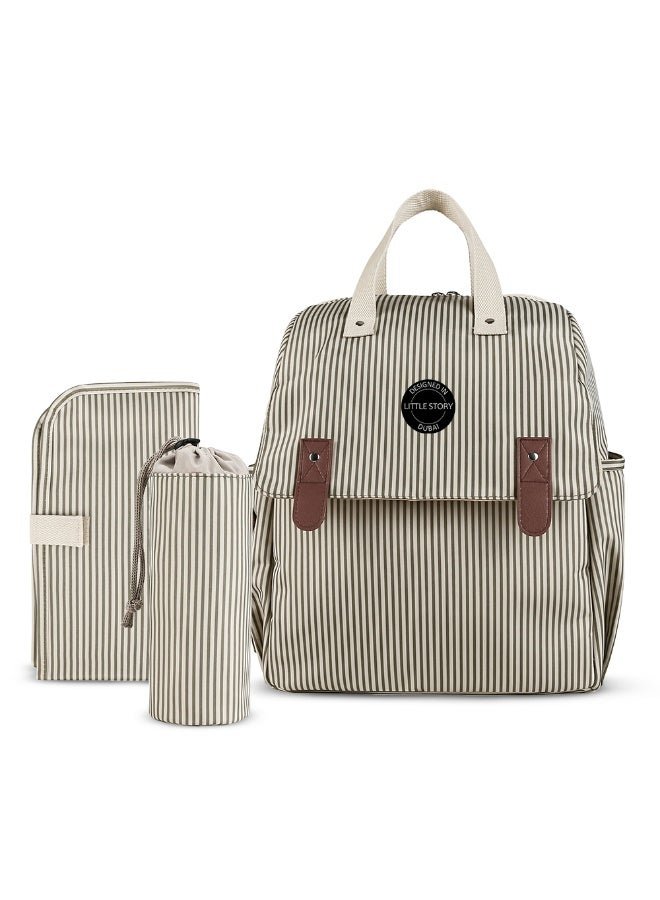 Little Story set of 3 Diaper Backpack with Changing Mat and Bottle Bag - Beige
